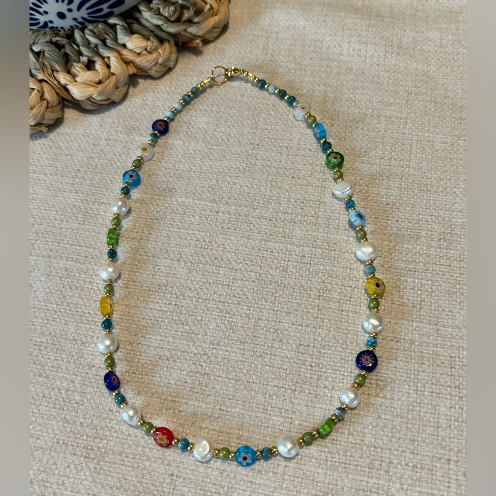 Colorful boho glass beads with freshwater pearls necklace.